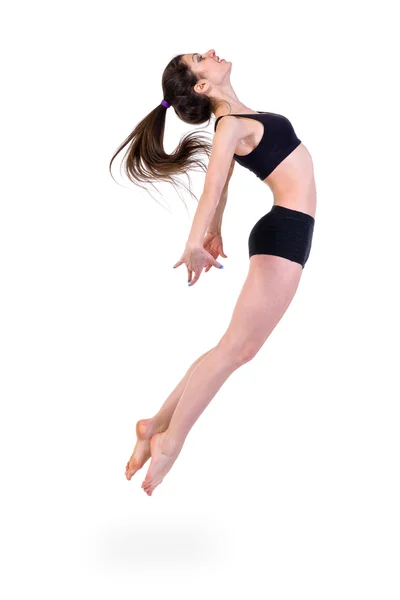 在白色背景上跳跃的年轻现代芭蕾舞演员 — 图库照片