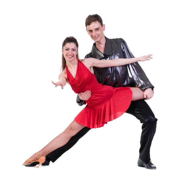 Full length of young ballet couple dancing on white background — Stock Photo, Image