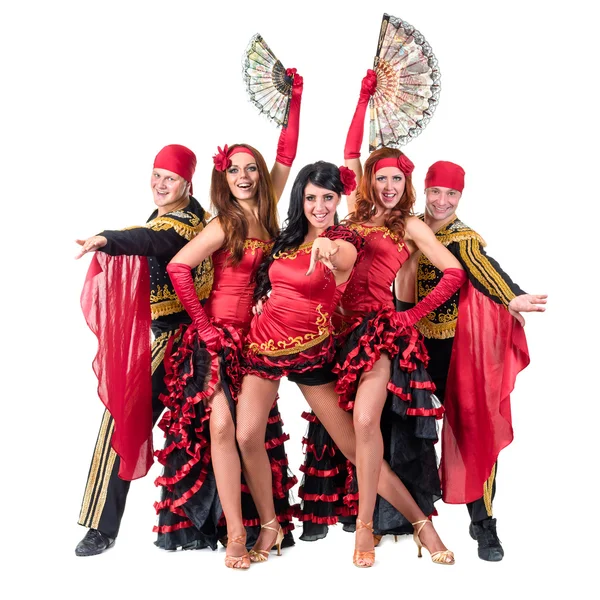 Equipe dançarina vestindo em vestidos tradicionais de flamenco — Fotografia de Stock