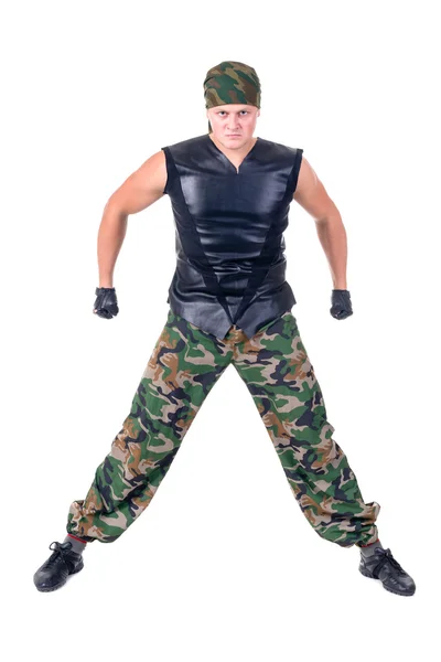 Dancer dressed soldier jumping — Stock Photo, Image