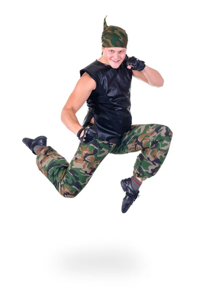 Dancer dressed soldier jumping — Stock Photo, Image