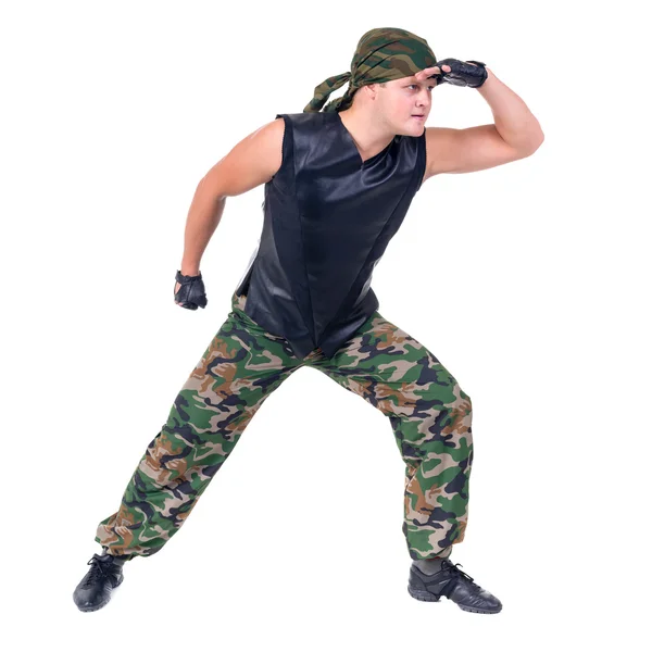 Dancer dressed soldier jumping — Stock Photo, Image