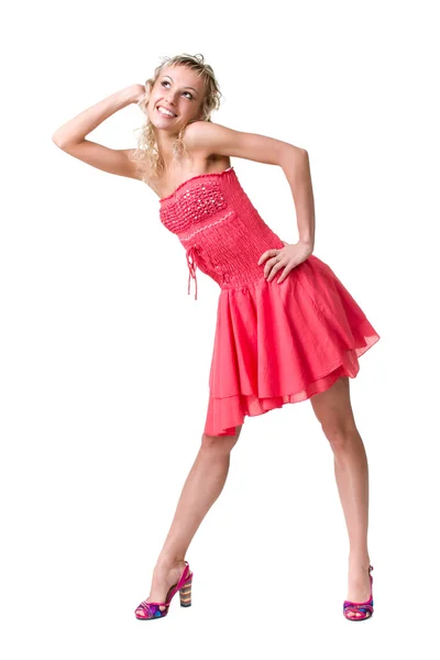 Retrato de uma menina bonita no vestido isolado no fundo branco — Fotografia de Stock