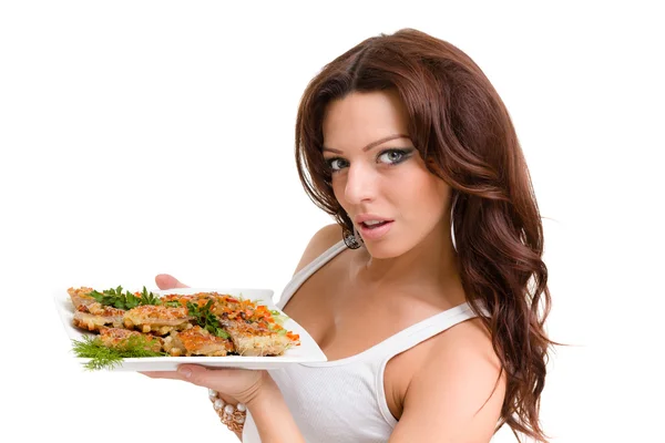 Kellner tragen Teller mit Fleisch auf weißem Hintergrund — Stockfoto