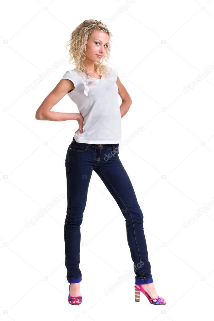 Young woman standing full body in jeans wear ⬇ Stock Photo, Image by ...