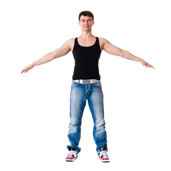 白い背景の上の彼のスキルを示す若いブレーク ダンサー — ストック写真
