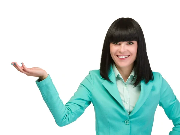 Portrait of happy young business woman with holding gesture — Stock Photo, Image