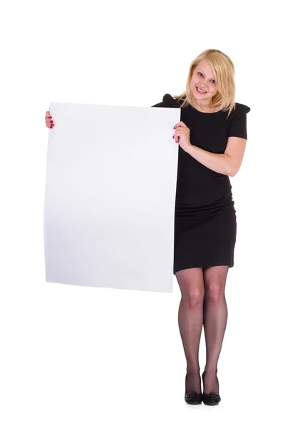 Sorrindo jovem empresária mostrando placa em branco — Fotografia de Stock