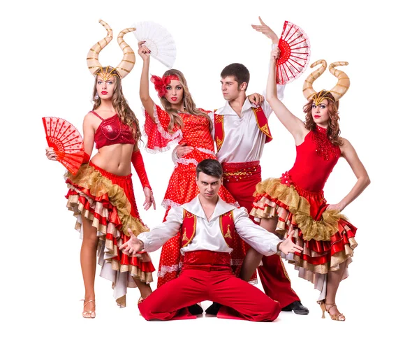 Cabaret dancer team dancing.  Isolated on white background in full length. — Stock Photo, Image