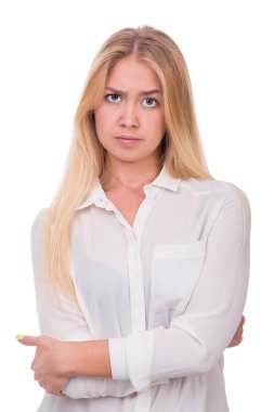Üzgün ve depresyonda kadın üzerinde beyaz izole closeup portresi