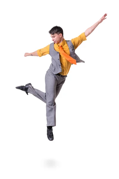 Танцівниця дискотека стрибає проти ізольованого білого — стокове фото