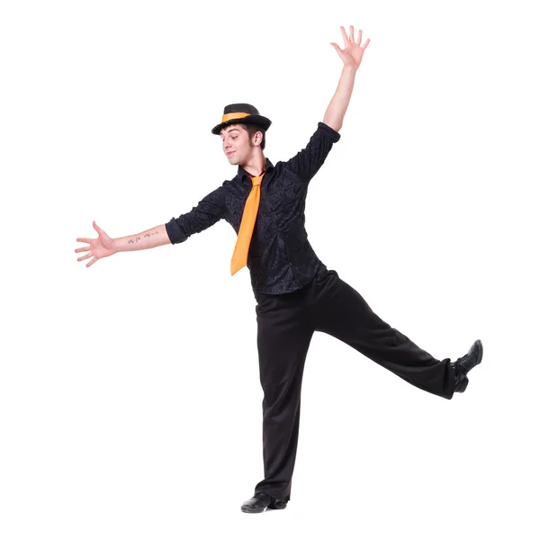 Disco dançarino mostrando alguns movimentos contra branco isolado — Fotografia de Stock