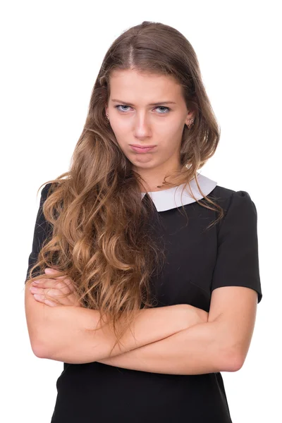 Retrato de cerca de una mujer triste y deprimida aislada en blanco — Foto de Stock