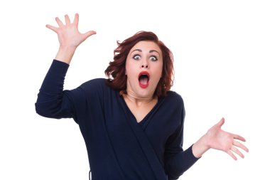 Portre üzerinde beyaz izole sürpriz genç bayan portresi