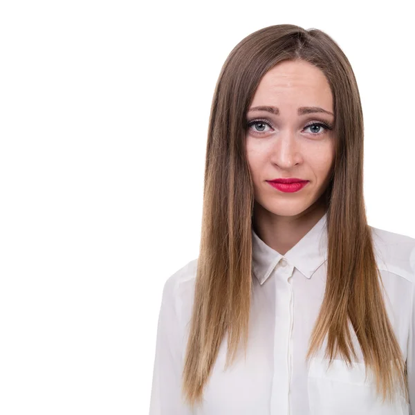 Closeup portrait of sad and depressed woman isolated on white — Stock Photo, Image