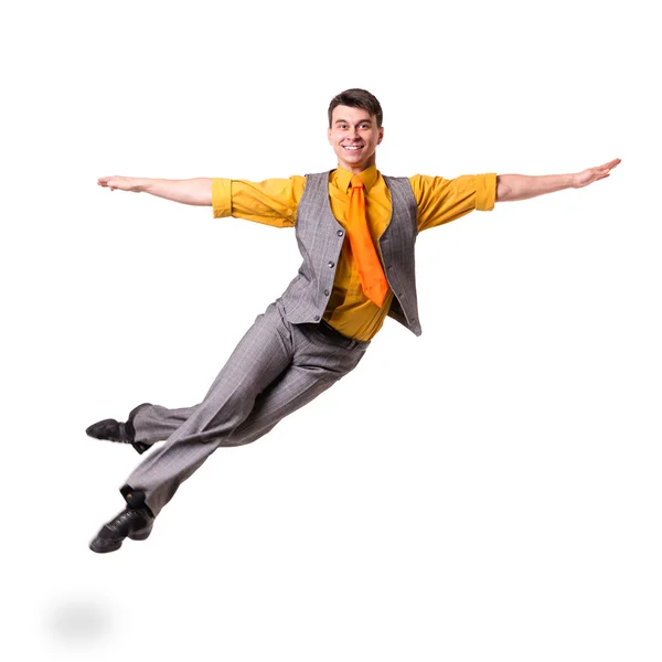 Full length of a jumping business man isolated on white — Stock Photo, Image