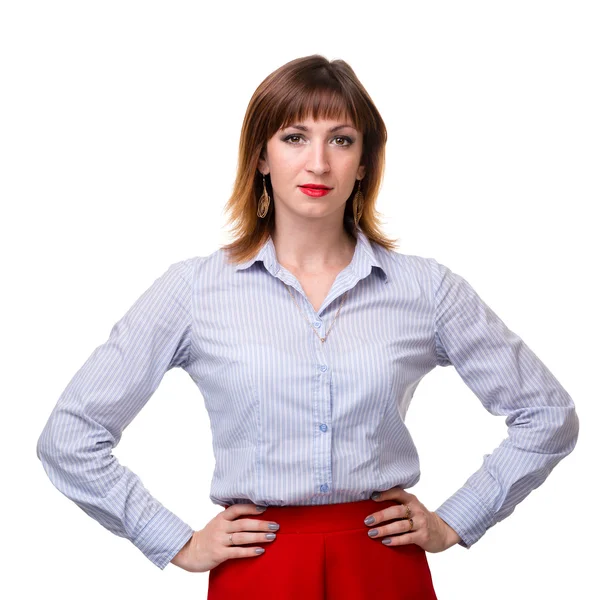 Retrato de feliz jovem mulher de negócios isolado em branco — Fotografia de Stock