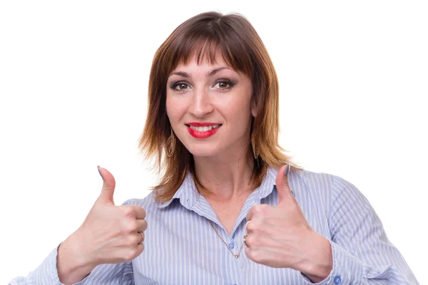 Empresária sorridente feliz com polegares para cima gesto, isolado em branco — Fotografia de Stock