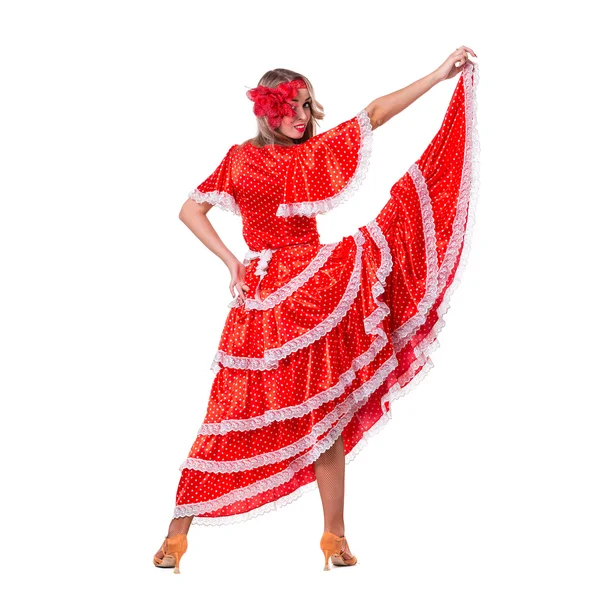 Bailarina flamenca posando, aislada sobre blanco en toda su longitud — Foto de Stock