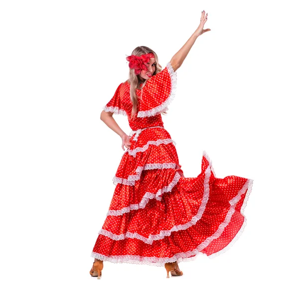 Flamenco dançarina mulher posando, isolado em branco de comprimento total — Fotografia de Stock