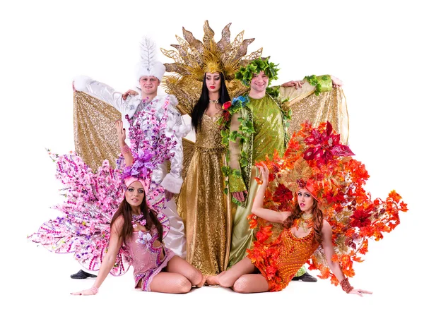 Dancer team wearing carnival costumes dancing — Stock Photo, Image