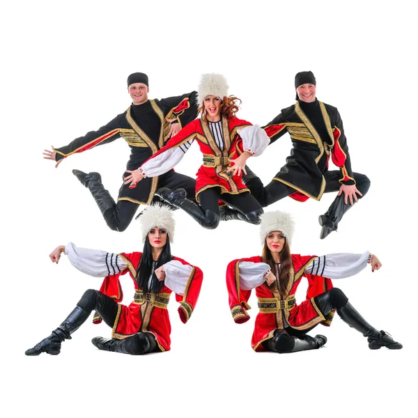 Dancer team wearing a folk Caucasian highlander costumes jumping — Stock Photo, Image