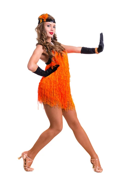 Bailarina retro mostrando algunos movimientos contra el blanco aislado —  Fotos de Stock