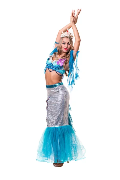 Carnival dancer woman dressed as a mermaid posing, isolated on white — Stock Photo, Image