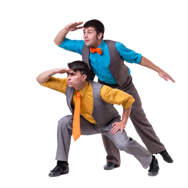 Disco dansers tonen sommige bewegingen tegen geïsoleerde Wit — Stockfoto