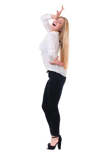 Full length of beautiful blond business woman standing  over white background with copy space — Stock Photo, Image