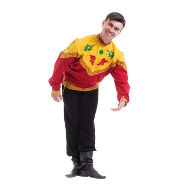 izole beyaz boşaltmak ile karşı dans halk Rus kostüm giyen genç adam