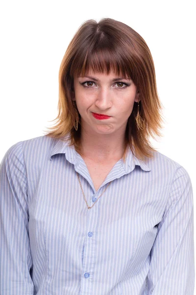 Closeup portrait of sad and depressed woman isolated on white with copyspace — Stock Photo, Image