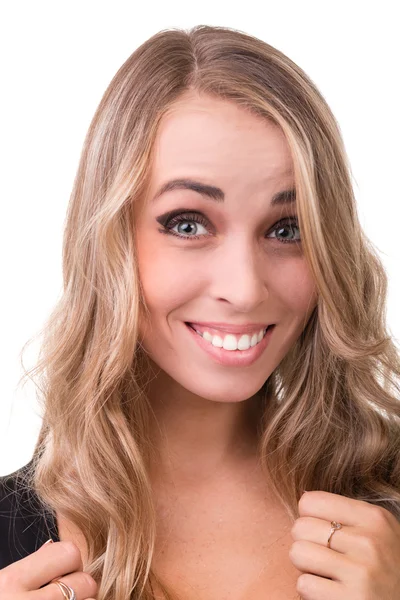 Closeup portrait of surprised young lady isolated on white — Stock Photo, Image