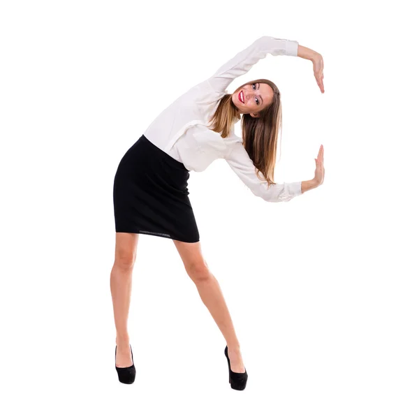 Mujer de negocios presentando un espacio de copia. Aislado sobre blanco. Cuerpo completo . — Foto de Stock