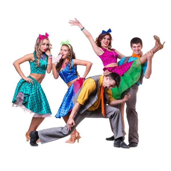 Cabaret danser team dansen. geïsoleerd op een witte achtergrond in volle lengte. — Stockfoto