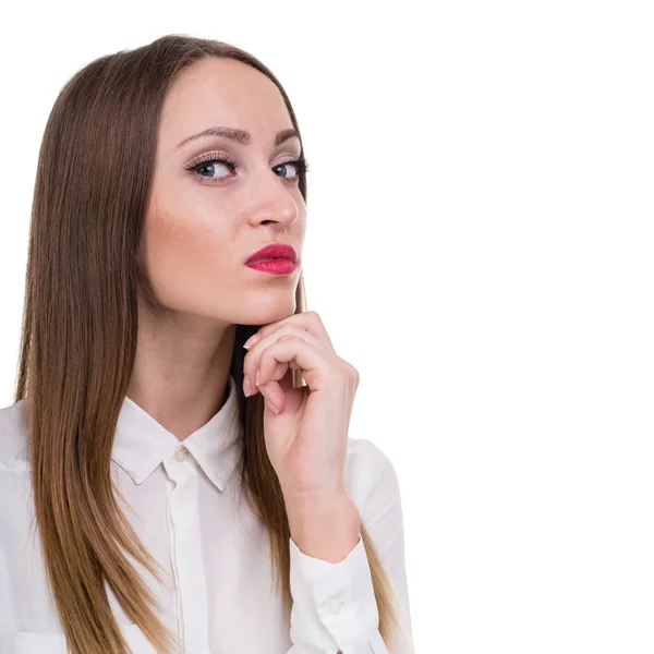 Retrato de cerca de una mujer triste y deprimida aislada en blanco — Foto de Stock