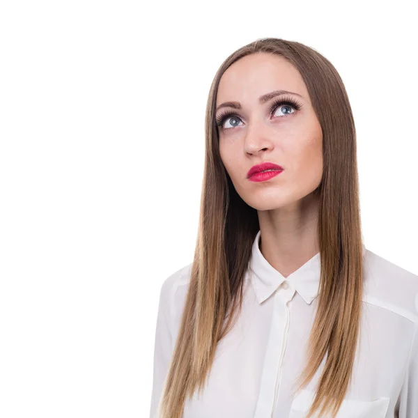 Retrato de close-up de mulher triste e deprimida isolado em branco — Fotografia de Stock