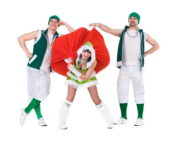 Friendly people dressed like a funny gnomes dancing, isolated on white — Stock Photo, Image