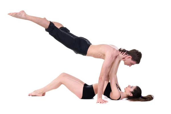 Couple man and woman exercising fitness dancing on white background — Stock Photo, Image