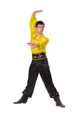 Bir Boğa güreşçisi kostüm giyen adam dans. Tam uzunlukta beyaz izole.