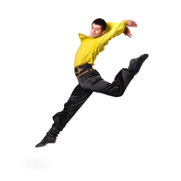 Skaczący Człowiek nosi strój toreador. Na białym tle na białym w pełnej długości. — Zdjęcie stockowe