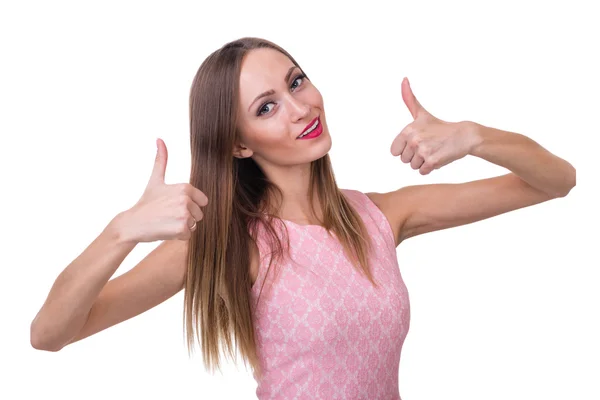 Beautiful woman showing thumbs up, isolated over a white — Stock Photo, Image