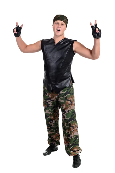 Man dressed soldier posing in front fighter isolated on white — Stock Photo, Image