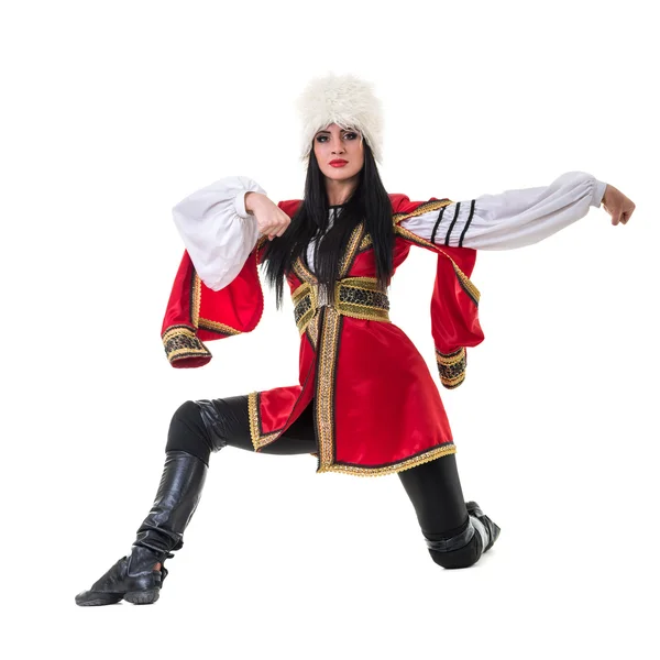 Mujer joven con trajes folclóricos bailando. Aislado en blanco en longitud completa con copyspace —  Fotos de Stock