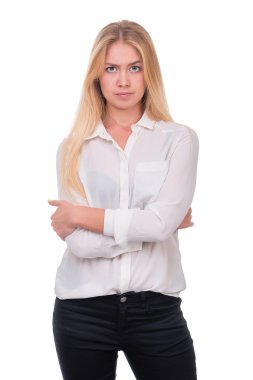Üzgün ve depresyonda kadın üzerinde beyaz izole closeup portresi