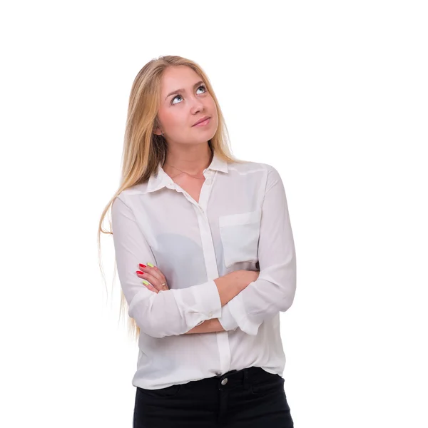 Closeup portrait of dreamy woman isolated on white — Stock Photo, Image