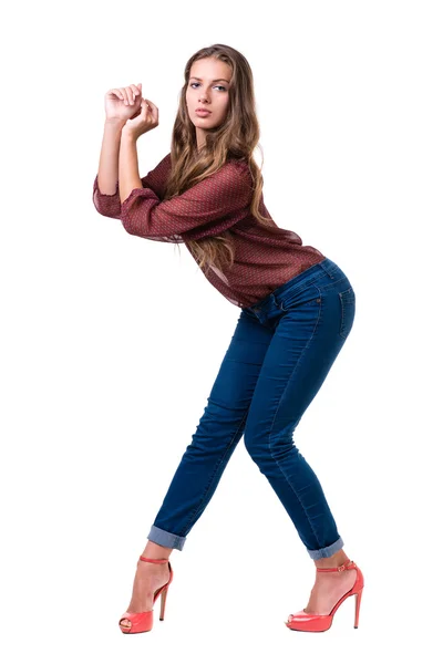 La joven bailarina, aislada en blanco en toda su longitud . — Foto de Stock