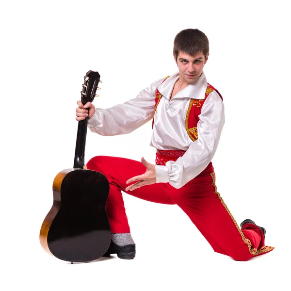 Dancing man wearing a toreador costume with guitar. Isolated on white in full length. — Stock Photo, Image