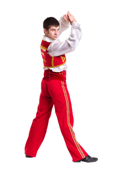 Танцующий мужчина в костюме тореадора. Изолированный на белом цвете
.