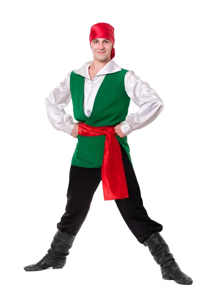 Dancing man wearing a pirate costume. Isolated on white in full length. — Stock Photo, Image